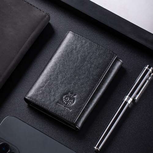 Image of Trifold Wallets for Men RFID Blocking Full Grain Leather Short Mens Wallet with Snap Closure, 8 Card Slots, Clear ID Window, Black