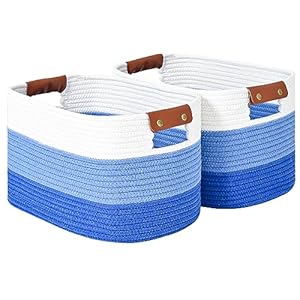 Cotton Rope Storage Basket Woven Shelf Storage Bin with Detachable Leather Handles, Decorative Closet Shelf Woven Basket (Gradient Blue 2PACK)