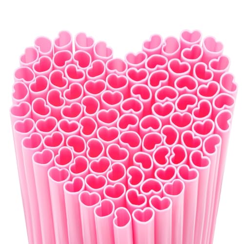 Image of 100pcs Heart-Shaped Pink Love Straws, Disposable Individually Wrapped(10mm)