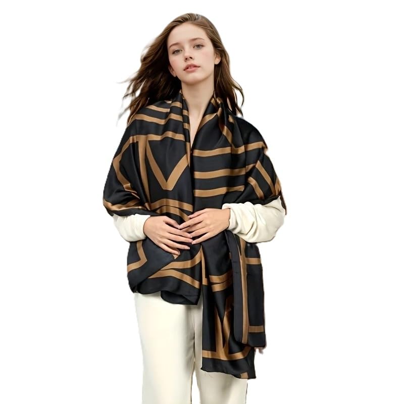 Satin Silk Summer Scarves 170 x 84 cm, Black and Gold Geometric Pattern with Stitched Border, Lightweight Fashion Scarf for Women Sun Protection Stole