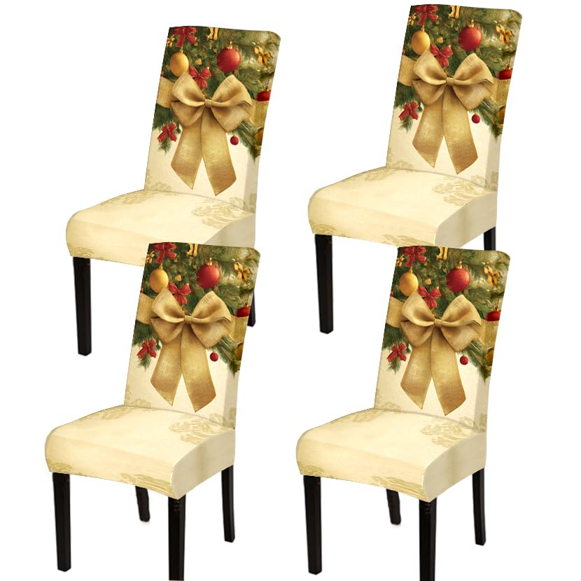 Image of Christmas Dining Chair Covers Set of 4, Gold Bow Slipcovers