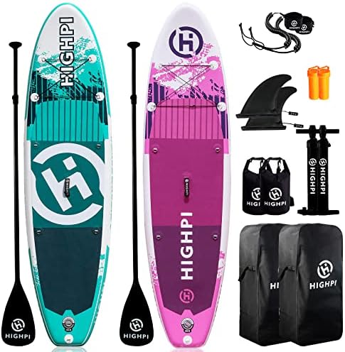 HIGHPI Inflatable Stand Up Paddle Boards, 10'6''x32''x6'' SUP with Accessories Backpack Anti-Slip Deck, Leash, Paddle and Hand Pump, Pink&Green Paddle Board Standing Boat for Youth & Adult