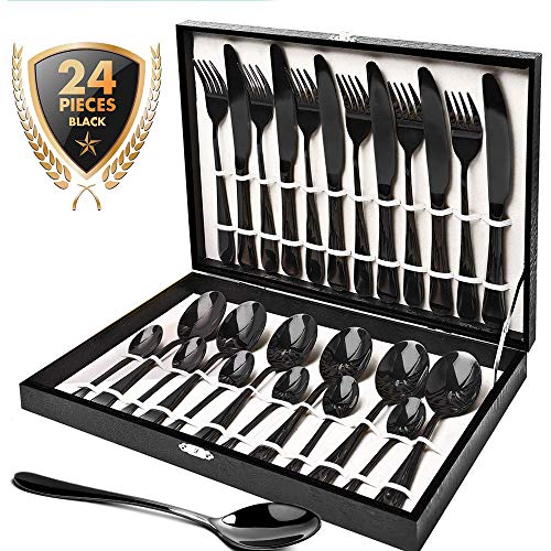 Black Silverware Set, HOBO 24 Pieces Stainless Steel Flatware Cutlery Set with Wooden Box, Knife Fork Spoon Flatware, Mirror Finish, Smooth Edge, Service for 6