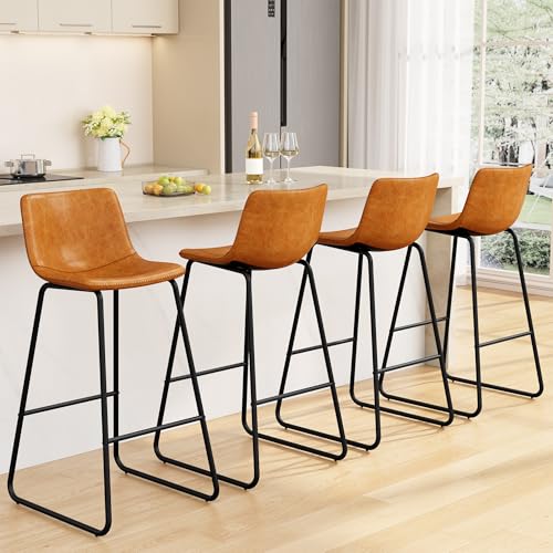 Image of REONEY Bar Stools Set of 4, 30 inch PU Leather Counter Height Barstools, Brown