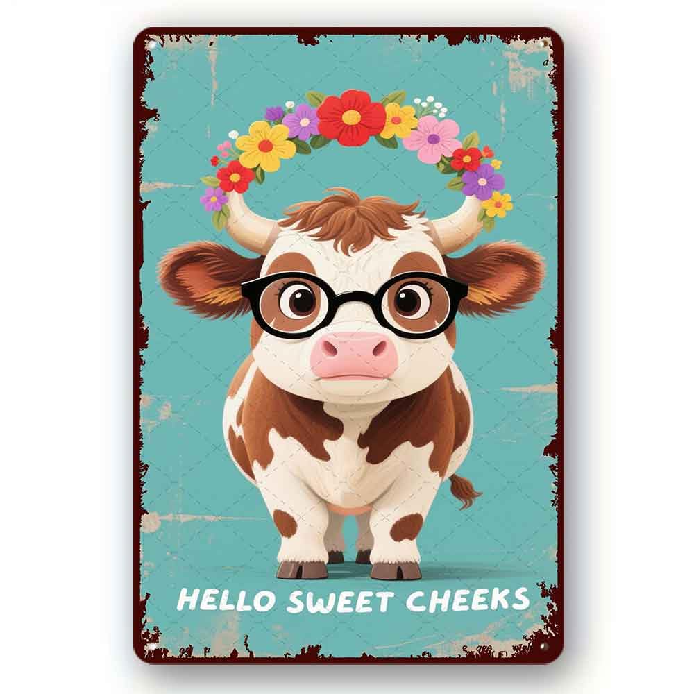 peiyeety Funny Metal Tin Sign Hello Sweet Cheeks Cow Vintage Metal Sign For Home Outdoor Indoor Office Bar Yard Decor 8x12 Inch