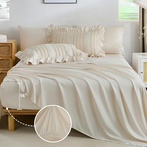 WONGS BEDDING Queen Comforter Set,Beige Cute Ruffle Comforter for Queen Bed, 7 Pieces Bed in a Bag Seersucker Shabby Chic Bedding Set 90"×90" - Image 4