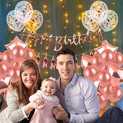 Image of Party Propz Rubber Rose Gold Birthday Decoration Kit-30Pcs Happy Birthday Banner With Happy Bday Ballons Banner LED Light And Tassel For Baby Girls, Boys, Women, Wife Theme Celebration Items
