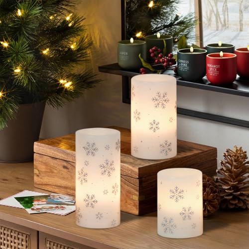 Image of GenSwin Christmas Flameless Candles with Timer, LED Flickering Candles Real Wax with Silver Snowflake Decals, 3 Pack Pillar Candle for Winter Indoor Fireplace Christmas Decor(D3 inch x H4 inch5 inch6 inch)
