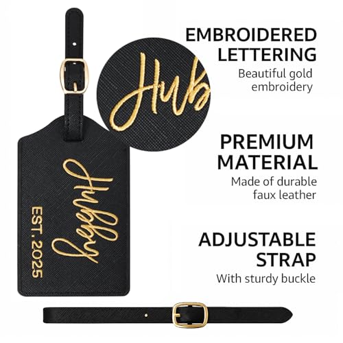 Hubby and Wifey Embroidered Luggage Tags, EST. 2025 Wedding Gift for Couples, Honeymoon Suitcase Tags, Travel Accessories, Bag Tags, Bridal Shower Engagement Gifts (Est 2025)3