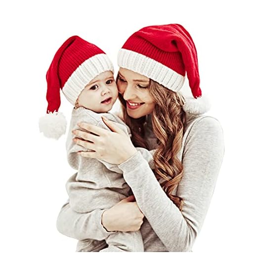 Sombrero Navidad a Juego la Familia Madre y el bebé Gorro Punto Navidad Padre-Niño Pom Pom Beanie Sombrero Invierno Calentador Santaa Sombreros Crochet Rojo