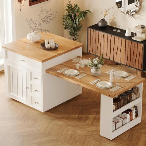 DHHU Îlot Central de Cuisine avec Plan de Travail Extensible de 120 à 184 cm, Table de Bar avec Rangement, 5 Tiroirs, 6 étagères, pour 4 à 6 Personnes,...