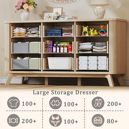 Image of HUAHUU Fluted 9 Drawers Dresser, 60 inch Mid Century Modern & Chests of Drawers, Curved Profile Design, Dresser TV Stand, for Entryway, Hallway, Bedroom, Oak
