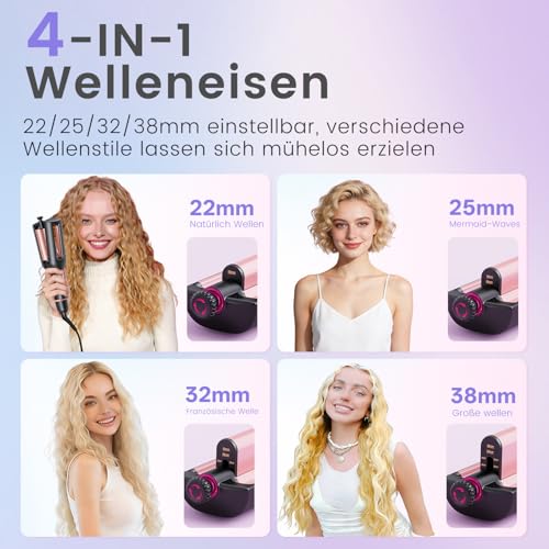 22/25/32/38mm Einstellbar Welleneisen für Haare - 4 In 1 Beach Waves Lockenstab, 3 Fässer Lockeneisen mit Anzeige, Verbrennungsschutz, Schnelle Heizung, 4 Temperaturen(140-210°C), Rose Gold