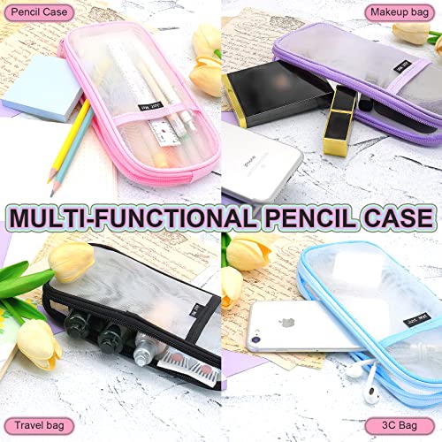 Image of Sonuimy Clear Mesh Pencil Case Pouch, Clearly Visible Grid Pen Cases Organizer For Adult, Zipper Transparent Stationary Makeup Bag for Travel Office College-Blue