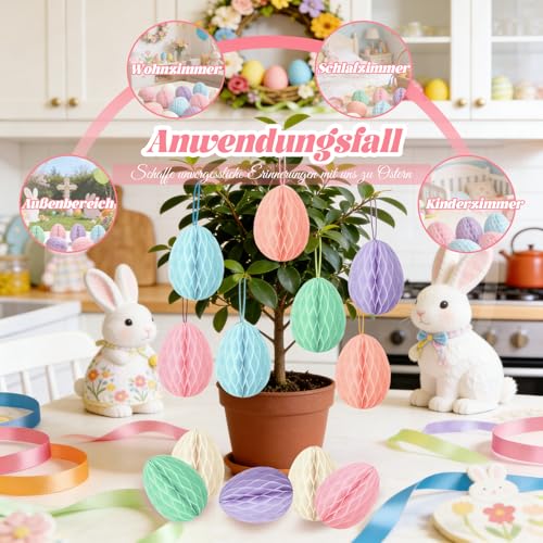 12 OstereierDekorationssets，PapierWabenOstereierNestkugeln Hängende Papier,Ostereier aus Papier， OsterpartyDekorationen ZweigDekorationen, leuchtende Farben