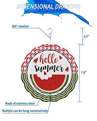 Wind Spinners For Yard And Garden, Hello Summer Stainless Steel Wind Sculptures Spinners, Red Plaid Teal Striped Tropical Watermelon Wind Spinner Crafts Ornaments 3D Indoor Outdoor Decorations 8" #TOP1