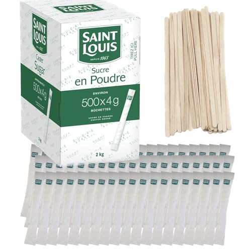 2 KG - Lot de 500 sachets SAINT LOUIS bûchettes de sucre cristallisé individuels de 4g (2kg) avec agitateurs en bois - Idéal pour les boissons chaudes, cafés et thés - Pratique et facile à utiliser