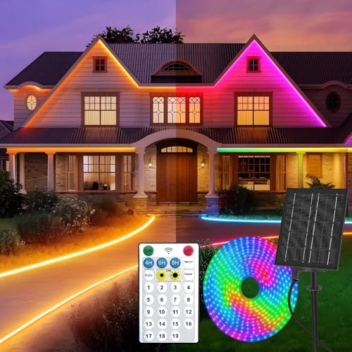 Gaoxun Solar LED Strip Außen 10m 640 LED Outdoor Streifen IP65 Wasserdicht mit Fernbedienung Dimmbar 19 Modi Selbstklebend LED Band für Garten Terrasse Balkon Weg Deko Farbwechsel und Warmweiß