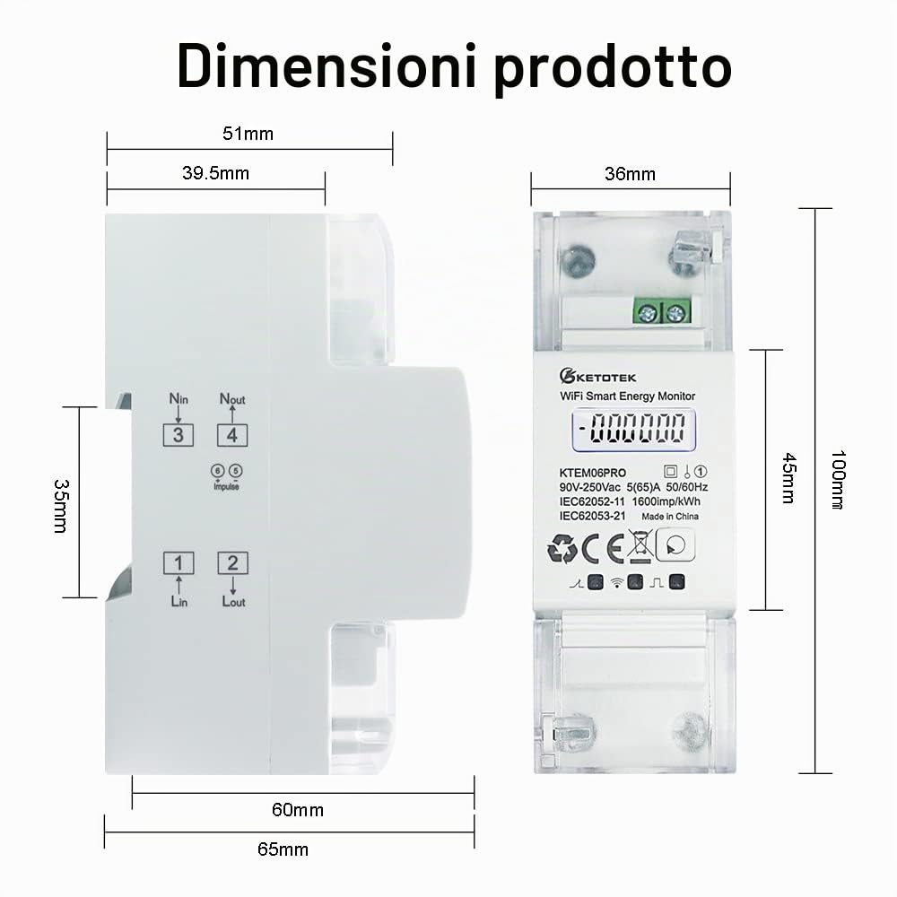 KETOTEK Contatore Energia Elettrica WiFi Bidirezionale su Guida DIN, Contatore di Elettrico Intelligente Monofase 5(65) A 90-250V, Misuratore di Consumo Alexa Google Assistant Compatibile