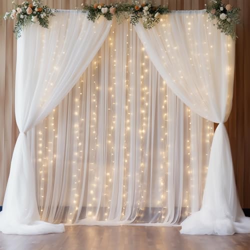 Rideau en tulle blanc 9x2,4m avec guirlande lumineuse led pour fond de mariage
