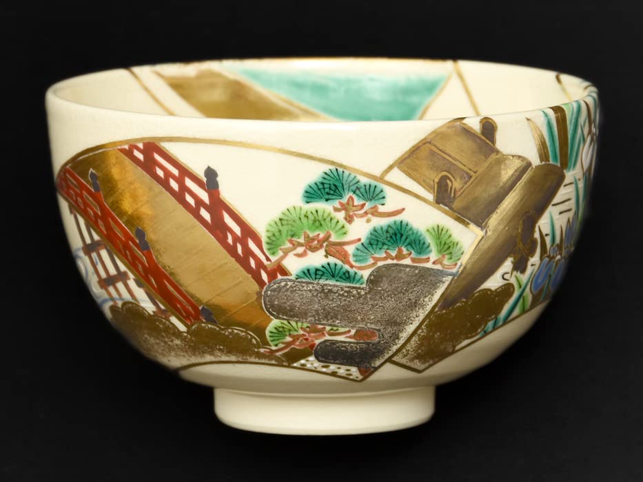 真葛窯 宮川香斎（造）金彩色絵「橋つくし」図 茶碗 扇面 共箱 共布