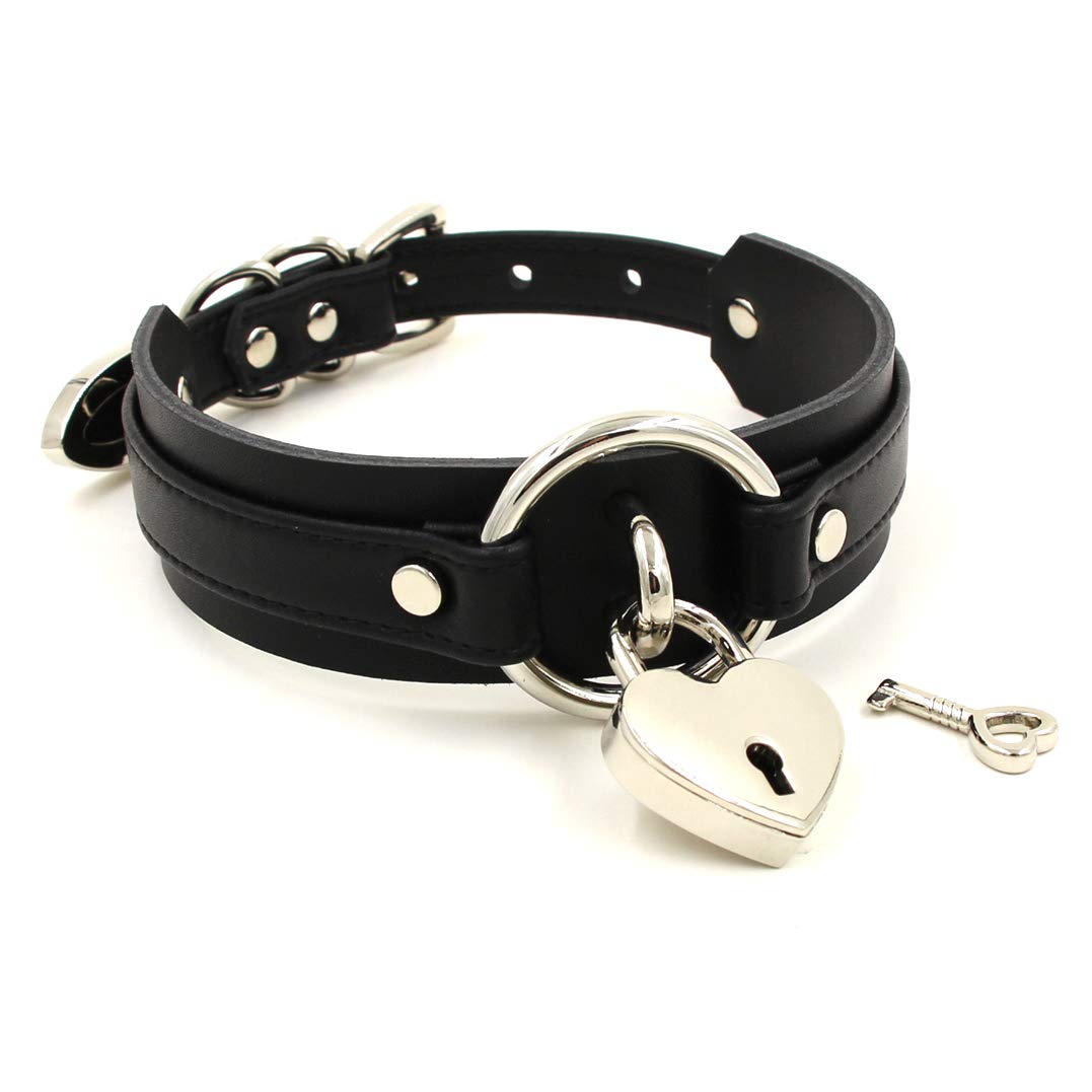 Handmade Heart Lock O Ring Thick Faux Leather Choker Collar Necklace - Black & Silver