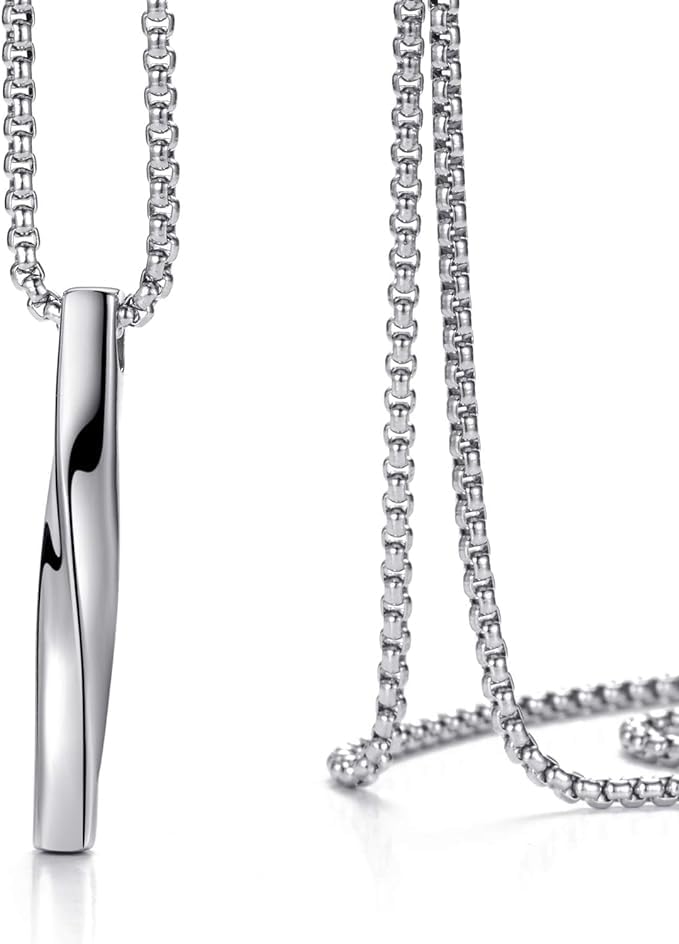 Stainless Steel Twisted Cube Bar Pendant Necklace for Men and Women | Unisex Silver Chain with Stylish Pendant | Gift for Men and Women-image-2