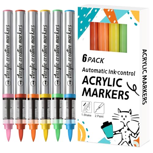 JEFFNIUB Marqueurs de Peinture Acrylique 6 Couleurs Dopamine - Pointe Pinceau - Contrôle Automatique d'Encre - À Base d'Eau - Permanents - pour Pierre, Bois, Céramique, Verre, Métal, Tissu