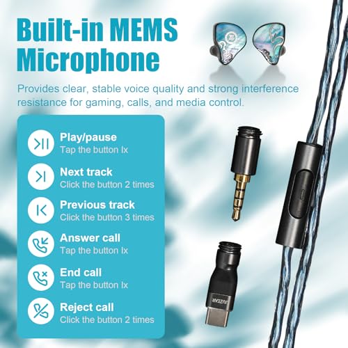 Image of HiFiGo Juzear Defiant Gamefidelity Edition Gaming IEMs, 1DD+3BA Hybrid Driver Wired Earbuds, Noise Isolating in‑Ear Monitors with HD Mic, Swappable 3.5mm /USB‑C for PC /PS5 /Switch /Mobile (Blue)