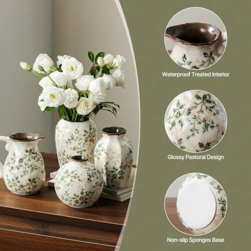 Image of Green Vintage Vase, Chinoiserie Floral Vase, Retro Ice Cracked Ceramic Large Vases for Home Decor, Living Room, Bookshelf, Office, Grand Millennial Decors (20-Green and Beige)