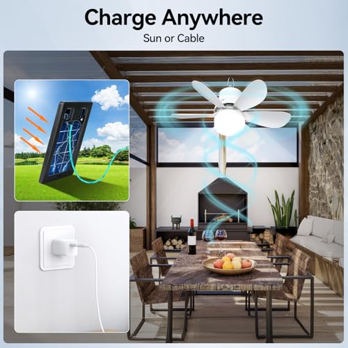 WVMNQO Portable Solar Ceiling Fan with Light & Remote, Dual Type-C/Solar Charging, 3CCT, 5 Brightness, 3 Speeds, 2/4/8H Timer, Tool-Free Setup, 30dB Quiet, Memory Function, 18.5" for Camping, Outdoor - Image 2