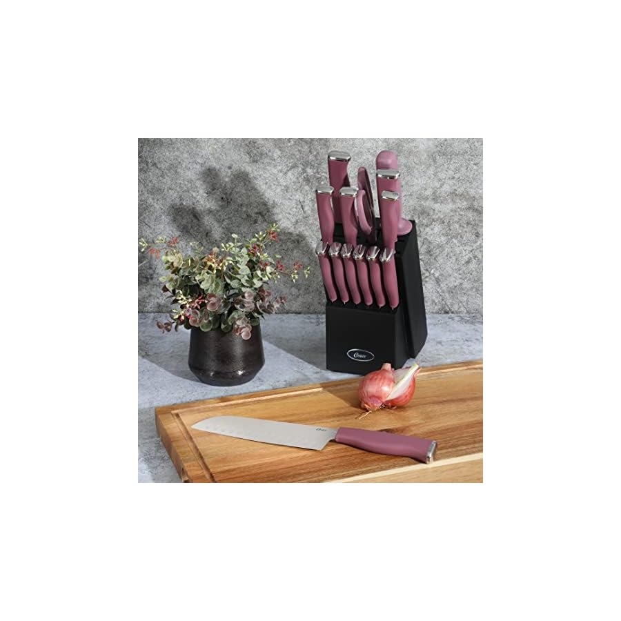 Oster Langmore 15 Piece Stainless Steel Cutlery Knife Block Set W/Black Box – Purple