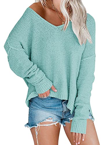 Image of Women's Off Shoulder Knit Sweaters Oversized V Neck Long Sleeve Loose Lightweight Pullover Tops