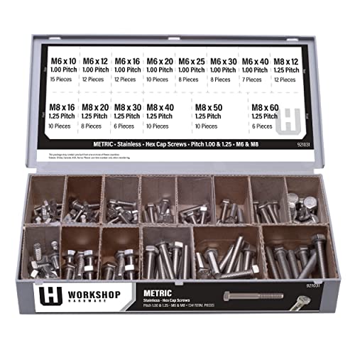 Image of Workshop Hardware Fastener Assortment Kit, Metric Stainless Steel Hex Cap Screw Set, 134 Piece Variety, M6-1.00 and M8-1.25 Diameters