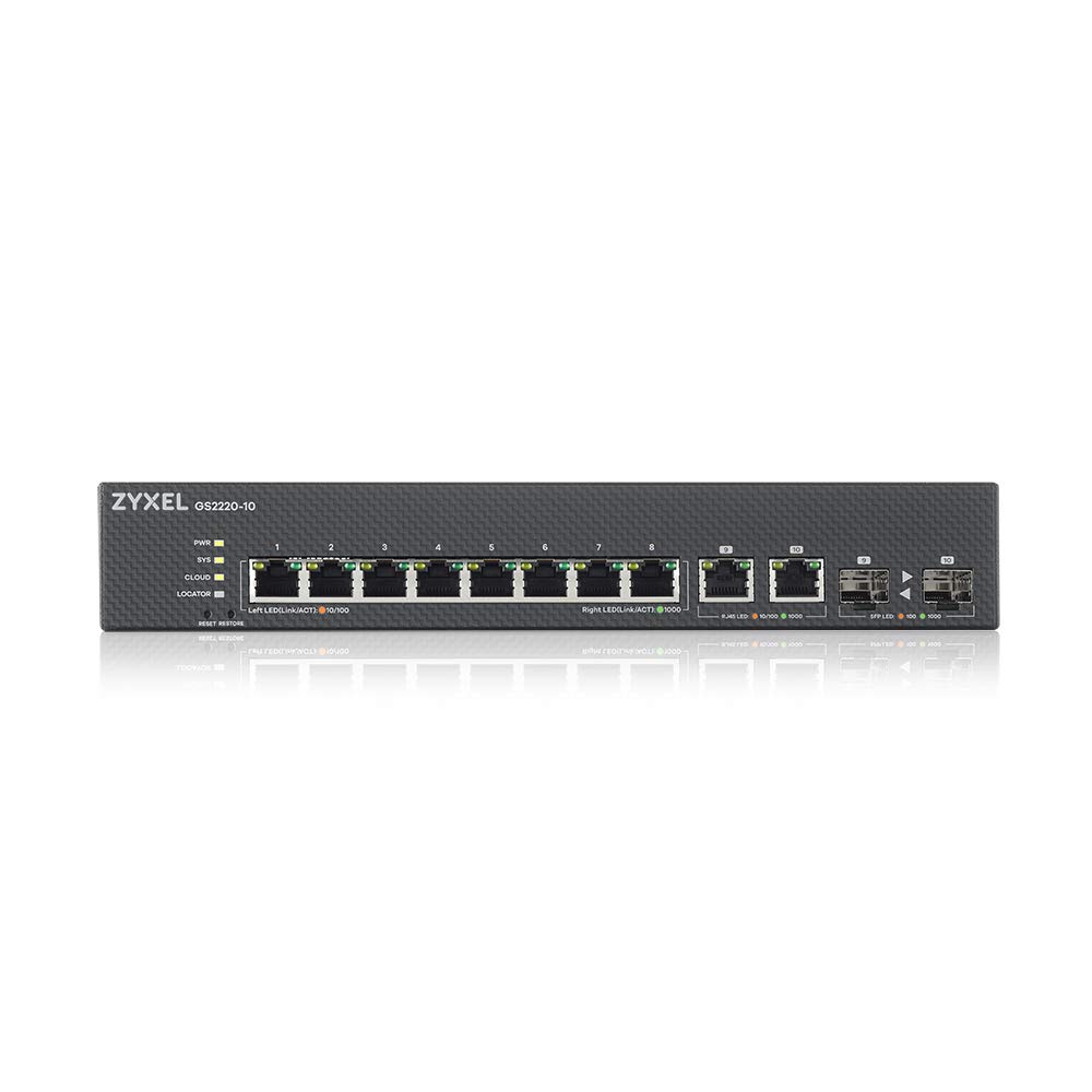 Zyxel GS2220-10-EU0101F commutateur réseau Géré L2 Gigabit Ethernet (10/100/1000) Noir | 8x Ports GbE + 2x Combo RJ-45/SFP, Sans Ventilateur, NebulaFlex, Multicast L2, IGMP Snooping, MVR, VLAN