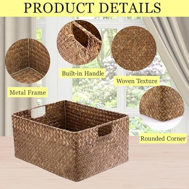 Hipiwe Seagrass Storage Baskets Bin for Shelf Handwoven Wicker Baskets Built-in Handles Rectangular Closet Bedroom Organizer Box Multipurpose Storage Basket Organizer,X-large