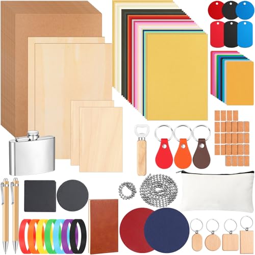 Dunzoom 127 Pcs Laser Material Kit Laser Cutting Engraving Materials Accessories Including Wood, Metal, PU Leather, Fabric, Glass, Rock, Rubber for Cutters Engraving Supplies