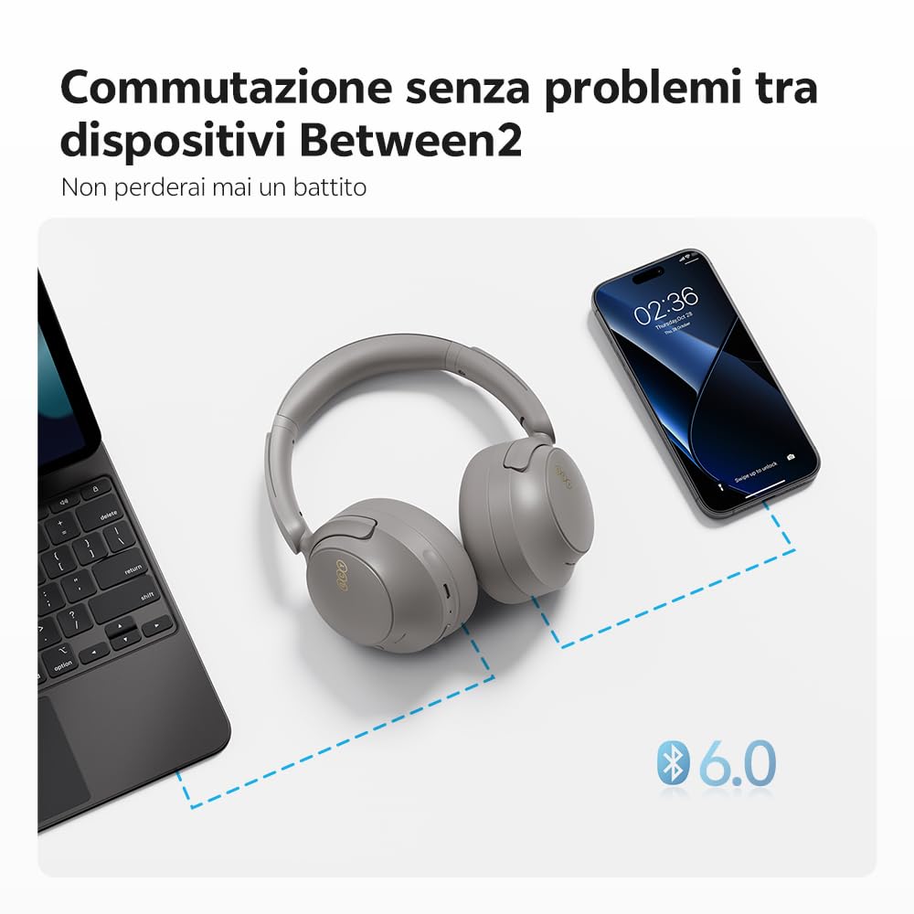 QCY H3S Cuffie Bluetooth Cancellazione Rumore Attiva Adattiva, -56 dB ANC Cuffie Wireless Over Ear, 102 Ore di Autonomia, LDAC Hi-Res Audio, Suono Spaziale, Comfort Leggero, Bluetooth 6.0