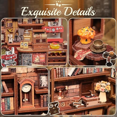 Image of Corner Coffee Shop Book Nook Kit with LED Light, DIY Miniature Cafe Bookshelf Decor, 3D Wooden Puzzle House for Adults, Teens & Gifts (294 Pieces)