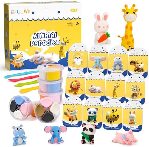 Air Dry Clay Kits, Modeling Clay for Kids with Sculpting Tools and Tutorials, Modeling Magic 12 Animals Arts Crafts Kits, Safe and Non-Toxic DIY Christmas Gift for Kids Toys for Girls