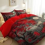 King Size Duvet Cover Sets - Oriental Japanese Painting Maple Tree Theme Microfiber Reversible Quilt Cover for Adults Children 230 x 220 cm, Soft Hypoallergenic Chinese Red Bedding Set with Zipper
