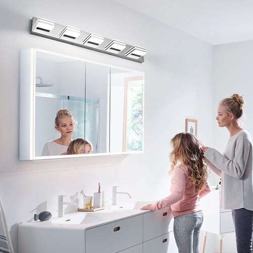 Image of LED Vanity Lighting 30W Lights for Mirror 5 Light Bath Wall Lamps 34 Inch Bathroom Sink Lights over Vanity Modern Long Bath Lights Bars Chrome Wall Sconces Light for Bathroom Restroom 6000K