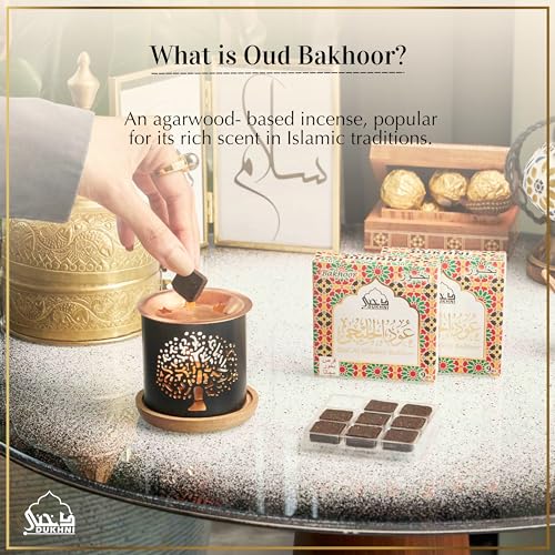 Image of Oud Al Khaleeji Bakhoor Set عود بخور و مبخرشمعدان by Dukhni | 2 x 9 Piece Each & Tree Bakhoor Burner | Arabic Bakhoor Incense | Deep Oud Blend | Perfect for Prayer Time | to Relax & Meditate