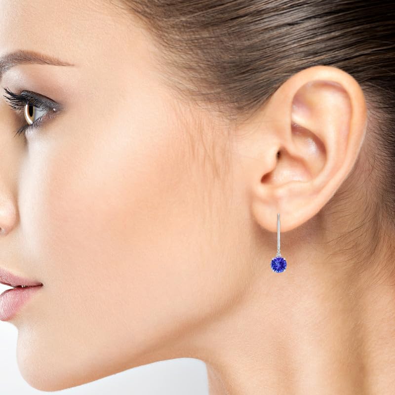 Image of Goldhartz 2 Ct. Natural Amethyst 6 mm Leverback Earrings for Women in 14k Gold Micron Plated 925 Sterling Silver, January Birthstone Dangle Earrings Jewelry for Her