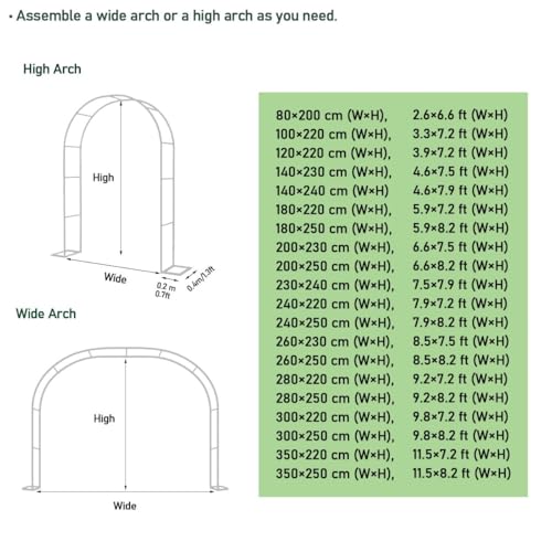Metalowy łuk ogrodowy z podstawą 100 x 220 cm – podpórka dla roślin pnących do róż, dekoracji ślubnej, kratki tarasowej, pergoli, dostępna w rozmiarach 140 i 350 cm, eleganckie, białe wykończenie