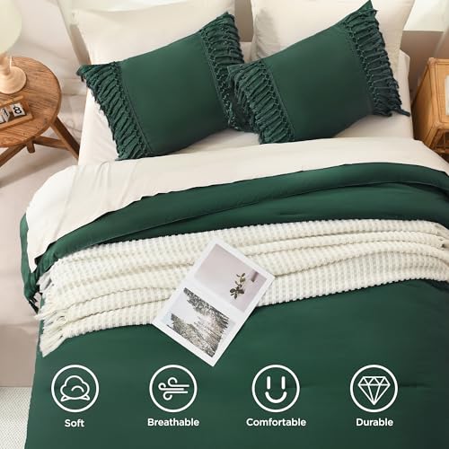 Image of Andency Emerald Dark Green Comforter Set King, 3 Pieces Boho Tassel Lightweight Vintage Soft Bedding Comforter for King Bed, All Season Fluffy Fringe Bed Set (104x90In Comforter & 2 Pillowcases)