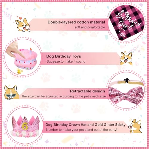 homdat Hunde-Geburtstagsparty-Zubehör, Hunde Geburtstag Mädchen, Hund Geburtstag Set with Dreieck Bandana Krone Hut Schal Kragen Bow Happy Birthday Banner, Geburtstagsparty-Dekorationen (Rosa)