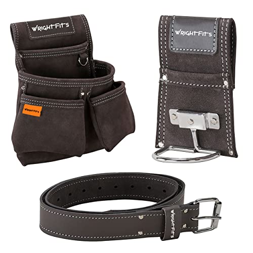 WrightFits Herramienta de bolsillo de doble clavo de cuero para trabajo con múltiples bolsas, organizador y cinturón (3 en 1), para constructores, carpinteros, jardineros, electricistas Cover