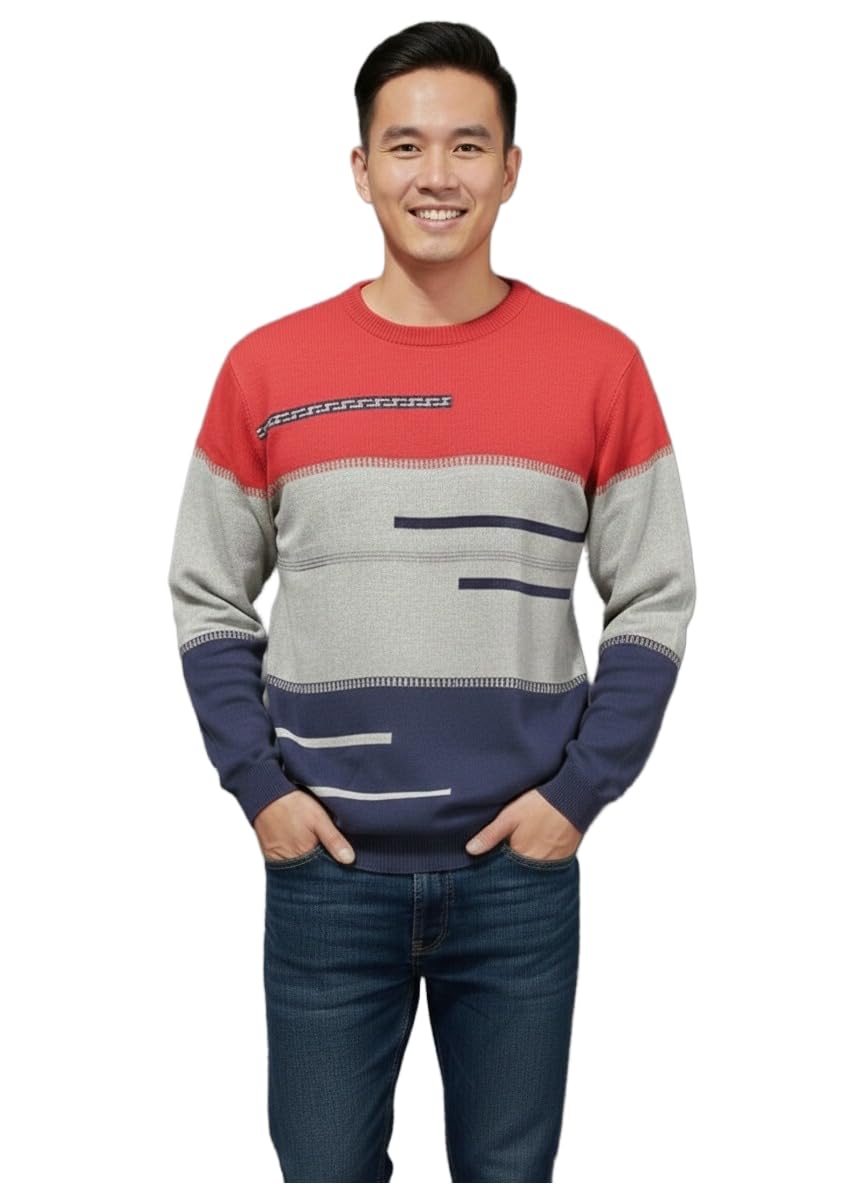 Men's Colour Block Striped Crew Neck T-Shirt, Red Grey Navy, Cotton Knit Long Sleeve Pullover-picture-35
