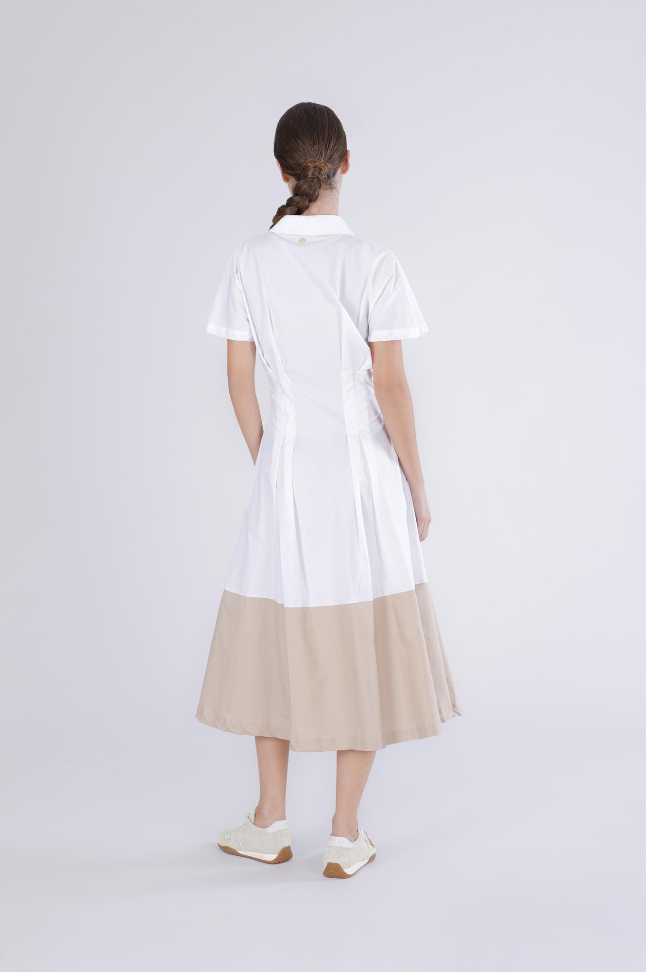 CAFèNOIR - Abito Bicolor con Manica Ad Aletta, Vestito in Comodo Cotone, da Donna, Colore Bianco/Sabbia